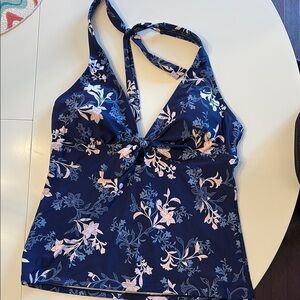 Floral Halter Bathing Tankini Top in Navy and Pink